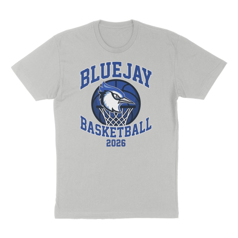 Custom t-shirt: "Bluejay Basketball", Front print, heather-gray shirt