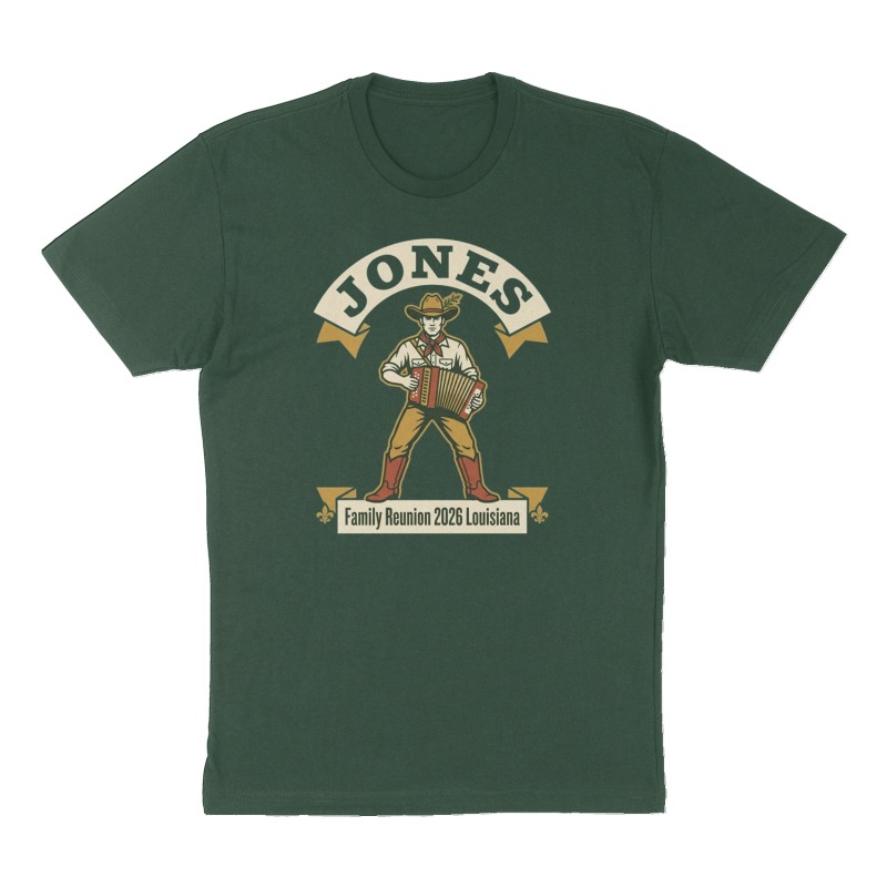 Custom t-shirt: "JONES", forest-green shirt
