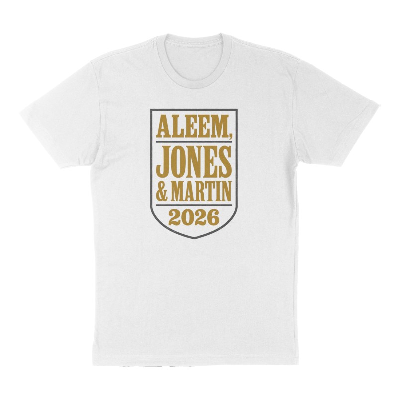 Custom t-shirt: "Aleem, Jones& Martin", white shirt