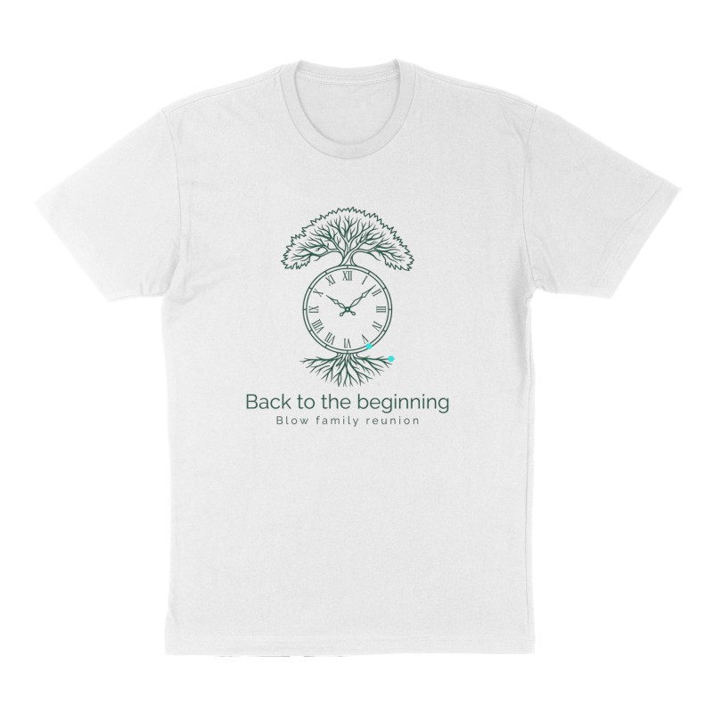Custom t-shirt: "Back to the beginning", Front print, white shirt