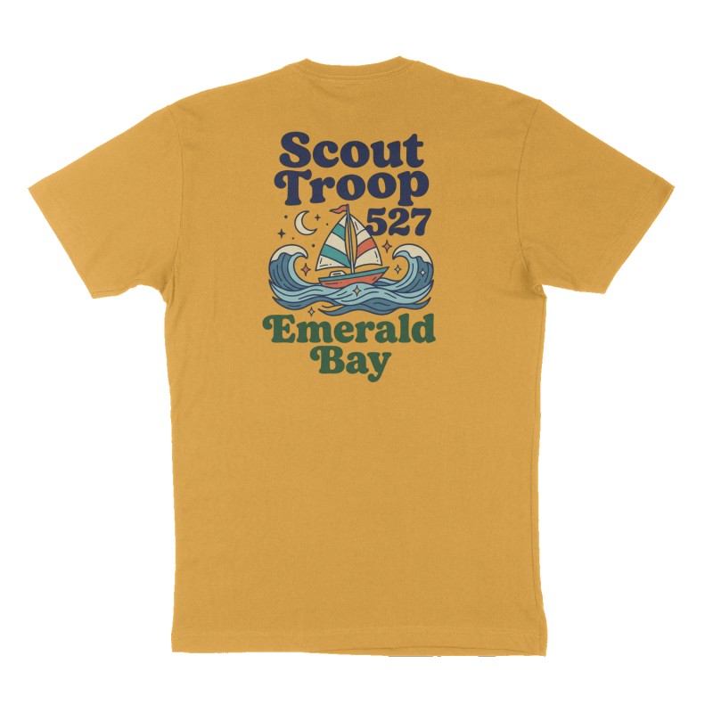 Custom t-shirt: "Scout Troop 527", Back print, mustard-yellow shirt