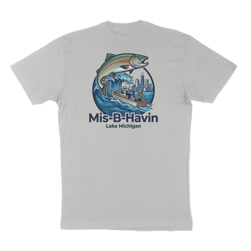 Custom t-shirt: "Mis-B-Havin", Back print, heather-gray shirt