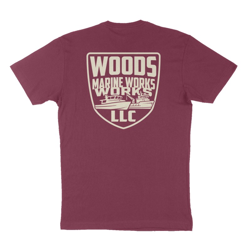 Custom t-shirt: "Woods Marine Works LLC", Back print, maroon shirt