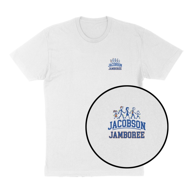 Custom t-shirt: "Jacobson Jamboree", Left Chest print, white shirt
