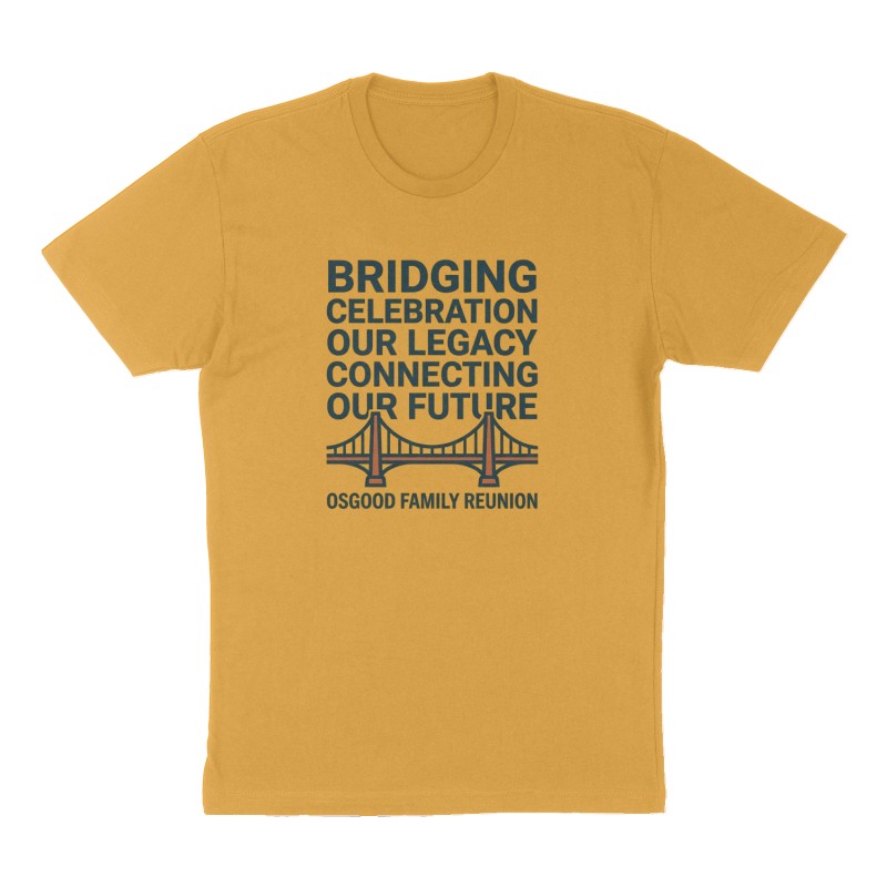 Custom t-shirt: "Bridging celebration our legacy connecting our future", Front print, mustard-yellow shirt