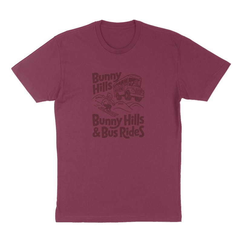 Custom t-shirt: "Bunny Hills & Bus Rides", Front print, maroon shirt