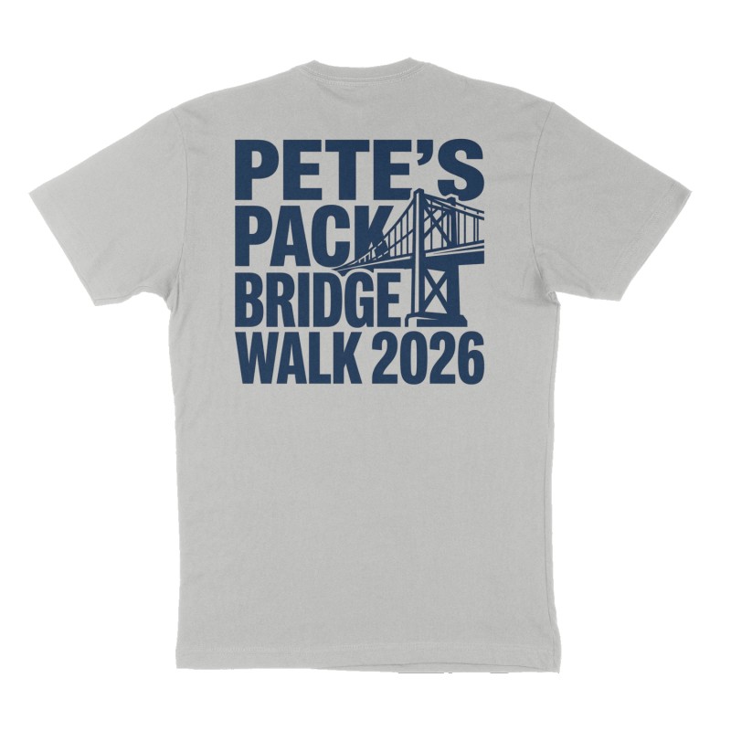 Custom t-shirt: "Pete’s pack bridge walk 2026 ", Back print, heather-gray shirt