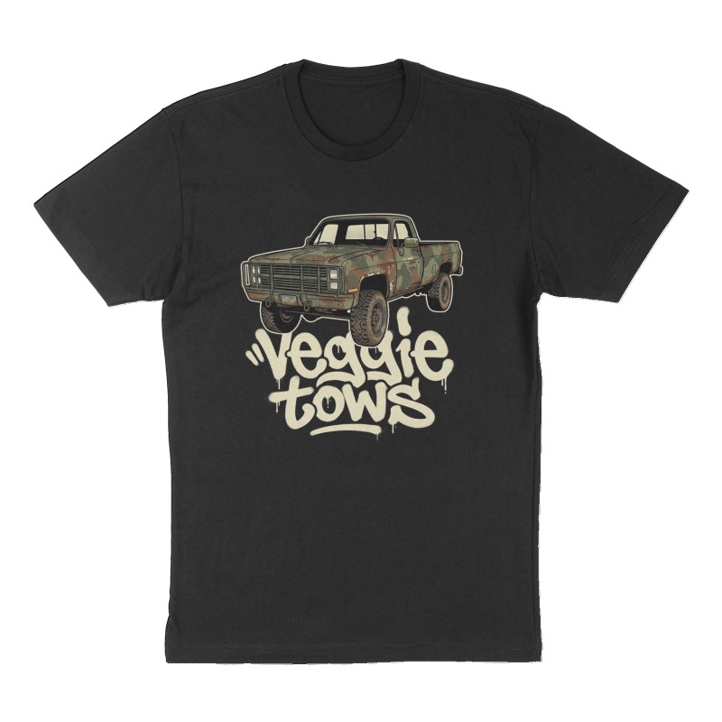 Custom t-shirt: "veggie tows ", Front print, black shirt