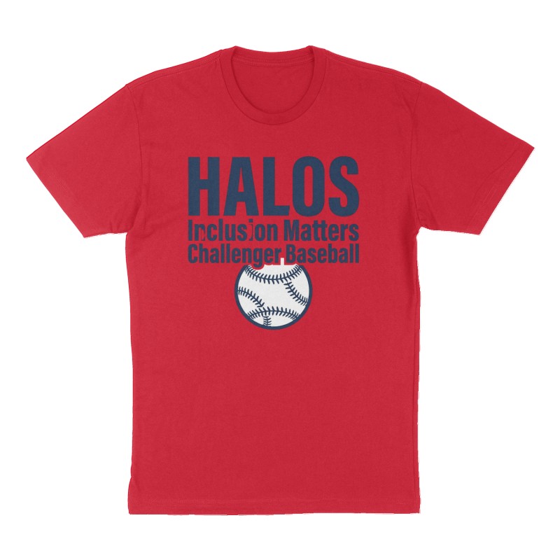 Custom t-shirt: "HALOS", Front print, red shirt