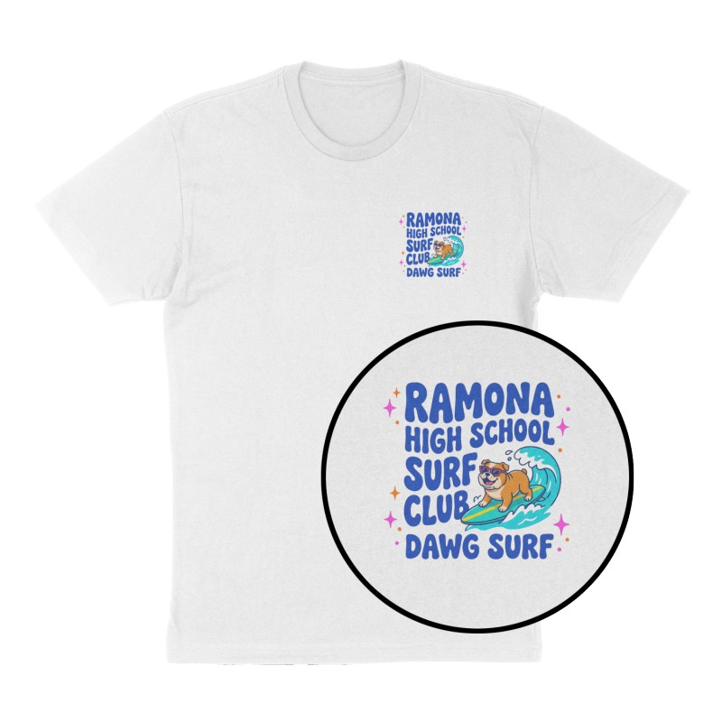 Custom t-shirt: "Ramona High School Surf Club", Left Chest print, white shirt
