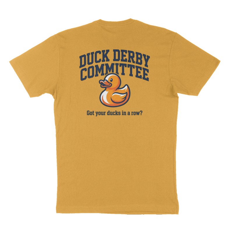 Custom t-shirt: "Duck Derby Committee", Back print, mustard-yellow shirt