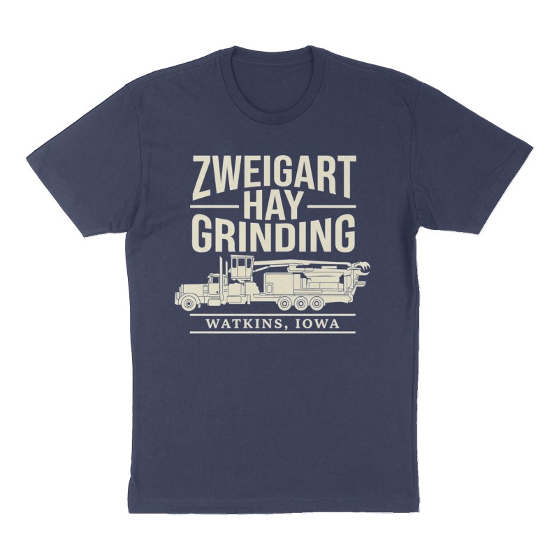 Custom t-shirt: "Zweigart Hay Grinding", Front print, navy shirt