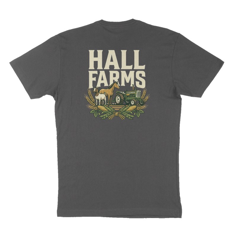 Custom t-shirt: "Hall Farms", Back print, charcoal shirt