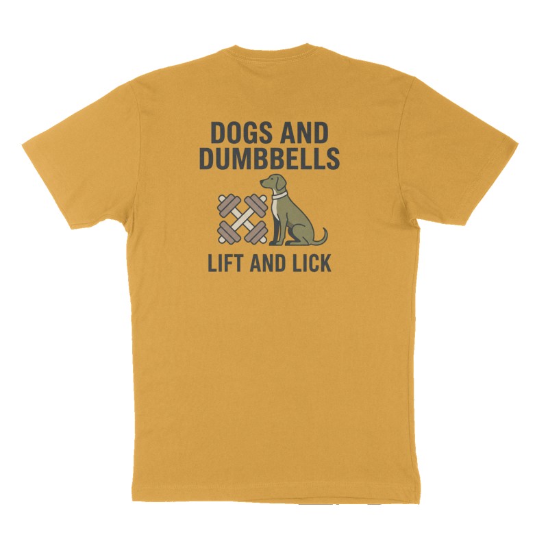 Custom t-shirt: "Dogs and dumbbells", Back print, mustard-yellow shirt