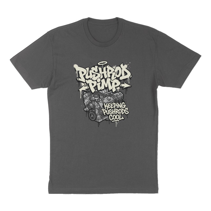 Custom t-shirt: "Pushrod Pimp", Front print, charcoal shirt