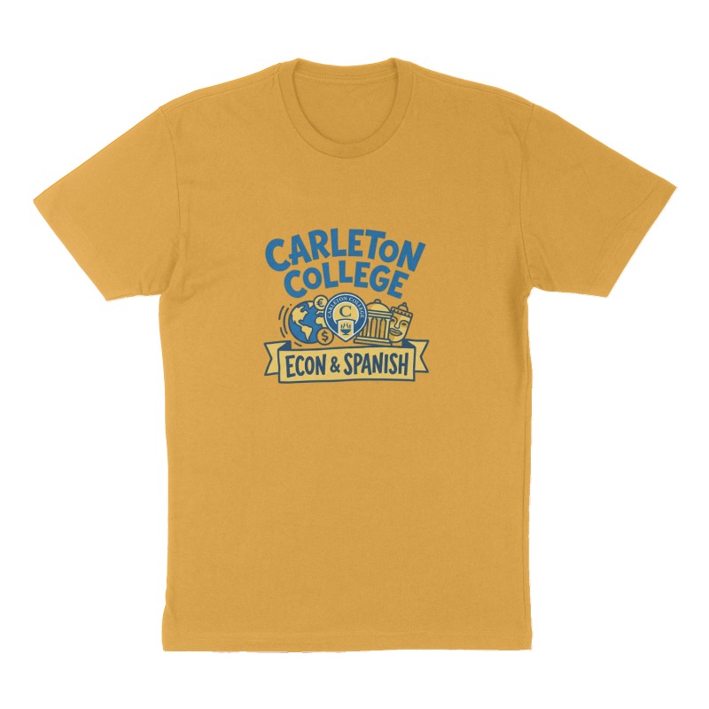 Custom t-shirt: "Carleton College", Front print, mustard-yellow shirt