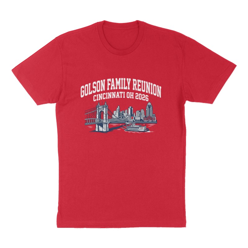 Custom t-shirt: "Golson Family Reunion Cincinnati OH 2026", Front print, red shirt