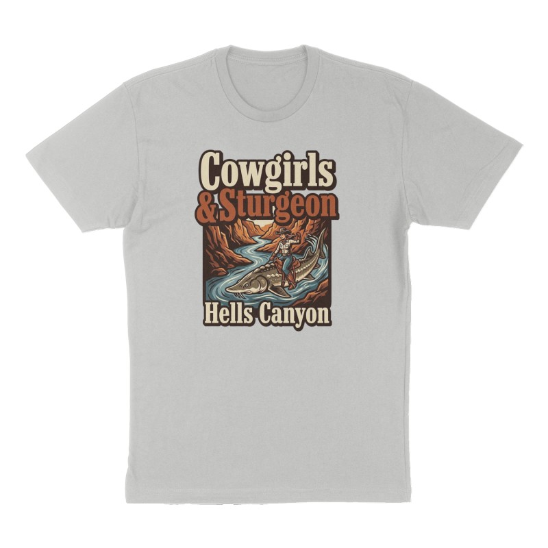 Custom t-shirt: "Cowgirls & Sturgeon", Front print, heather-gray shirt