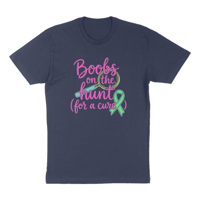 Custom t-shirt: "Boobs on the hunt (for a cure)", Front print, navy shirt