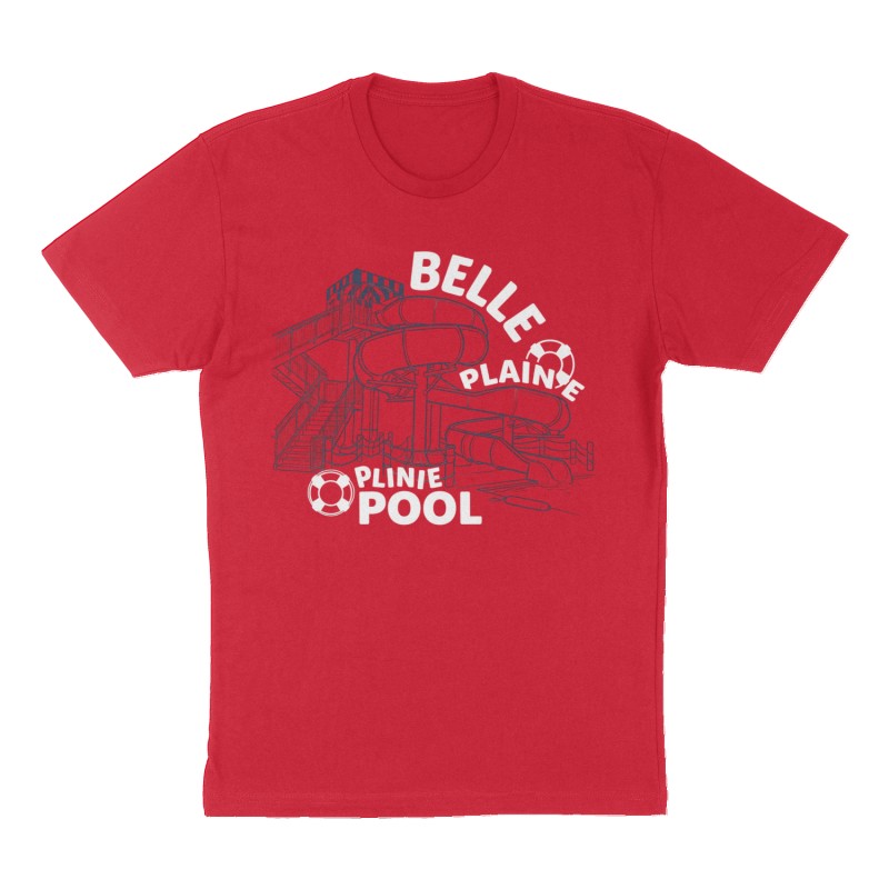 Custom t-shirt: "BELLE PLAINE POOL", Front print, red shirt