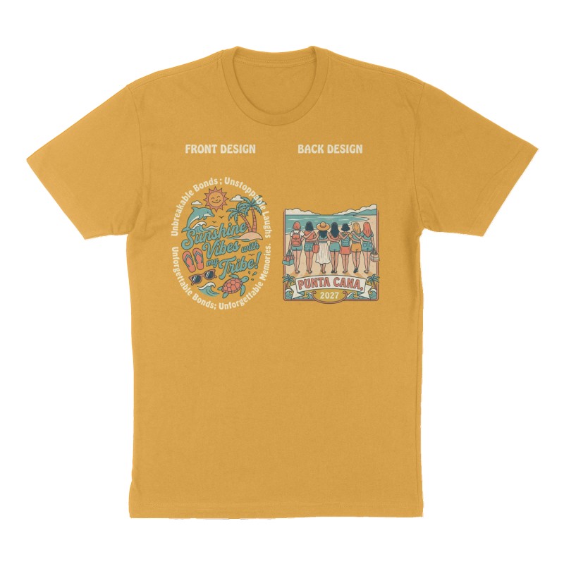 Custom t-shirt: "on the front of the t shirt in a circle it should say: Unbreakable Bonds; Unstoppable Laughs; Unforgettable Memories. Inside the circle,  on the front of the shirt it would say ; Sunshine Vibes with my Tribe!  Pictures of Palm trees, Sun, sunglasses, flip flops, turtles and dolphins", Front print, mustard-yellow shirt