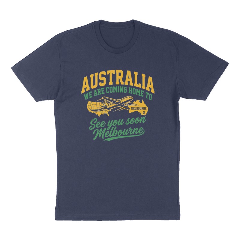 Custom t-shirt: "We are coming home to Australia ", Front print, navy shirt