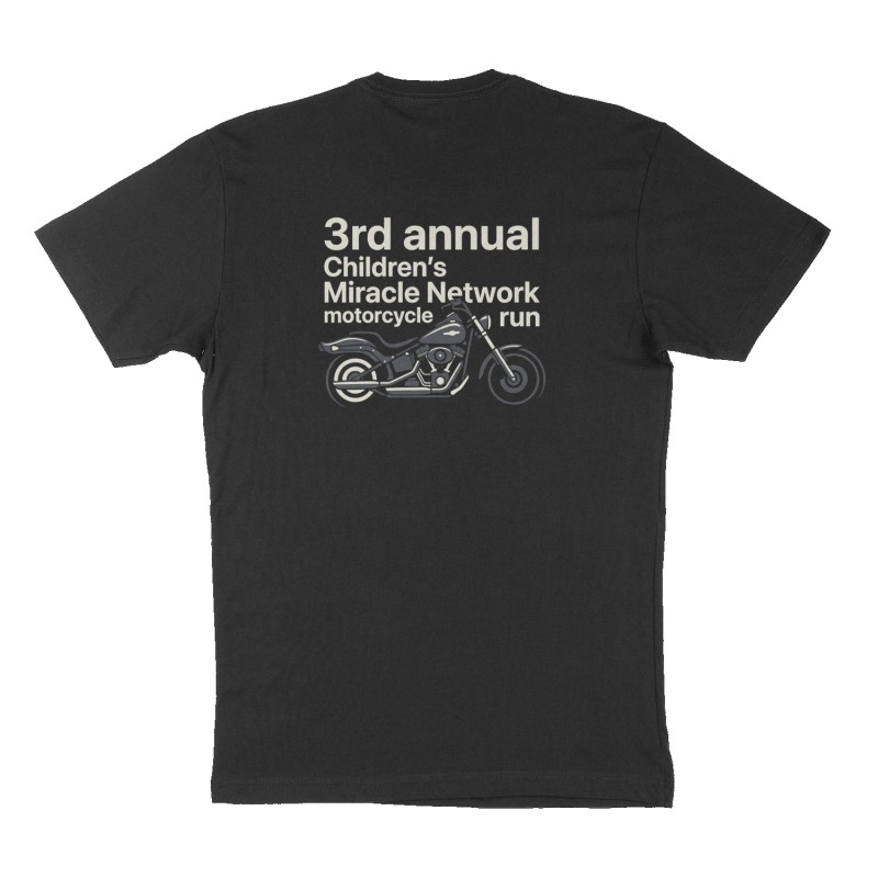 Custom t-shirt: "3rd annual Children's Miracle Network motorcycle run ", Back print, black shirt