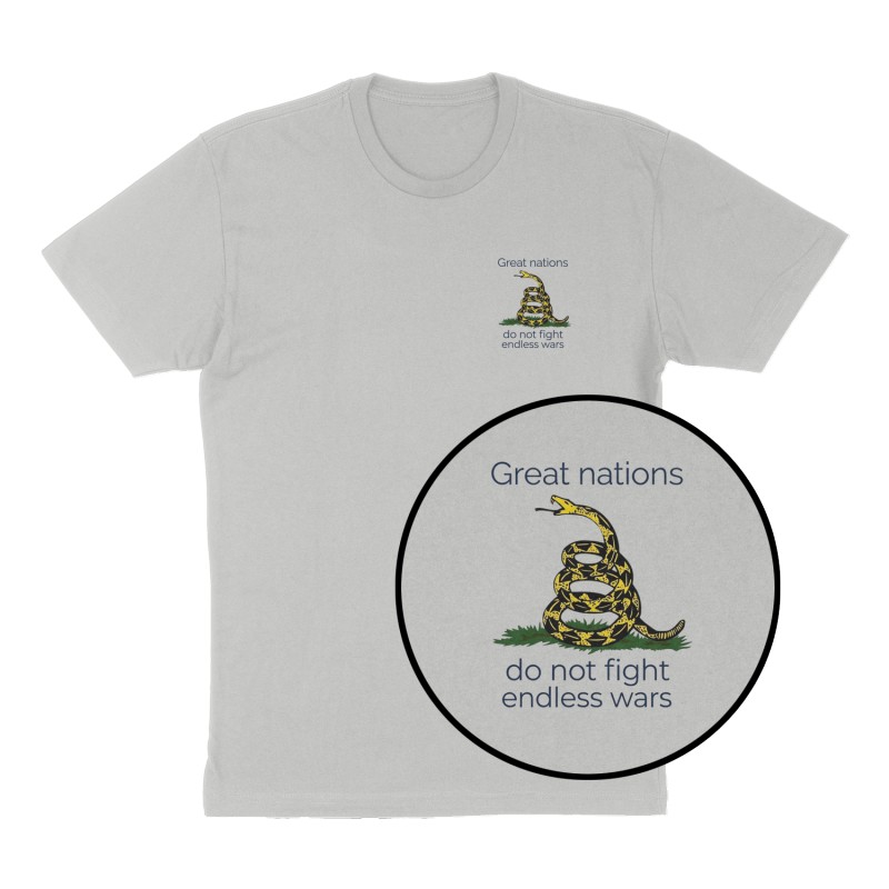Custom t-shirt: "Great nations do not fight endless wars", Left Chest print, heather-gray shirt