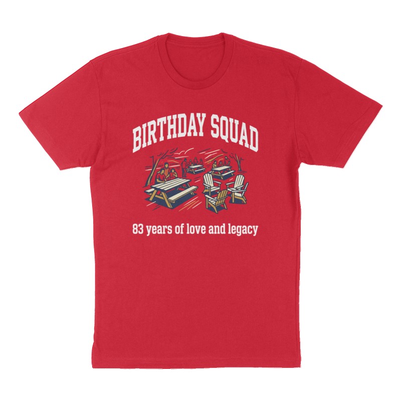 Custom t-shirt: "Birthday Squad", Front print, red shirt