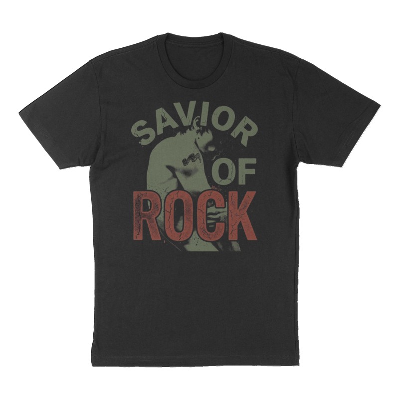Custom t-shirt: "SAVIOR OF ROCK", Front print, black shirt