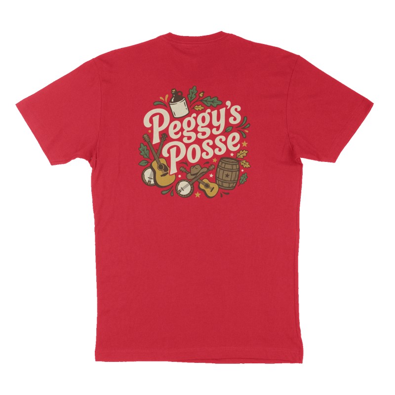 Custom t-shirt: "Peggy’s Posse", Back print, red shirt