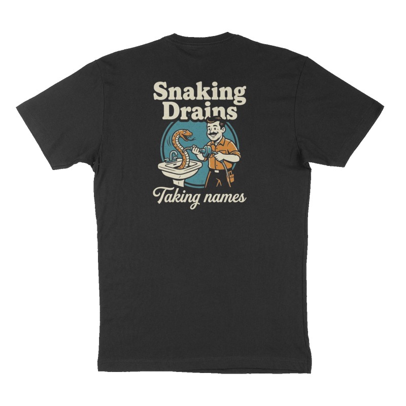 Custom t-shirt: "Snaking Drains", Back print, black shirt