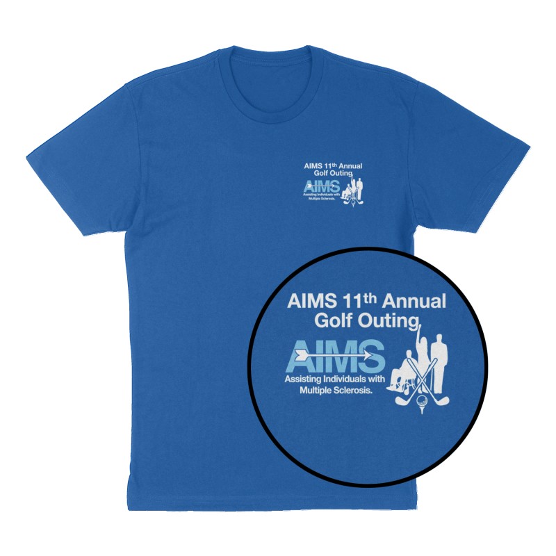 Custom t-shirt: "AIMS 11th Annual Golf Outing ", Left Chest print, royal-blue shirt