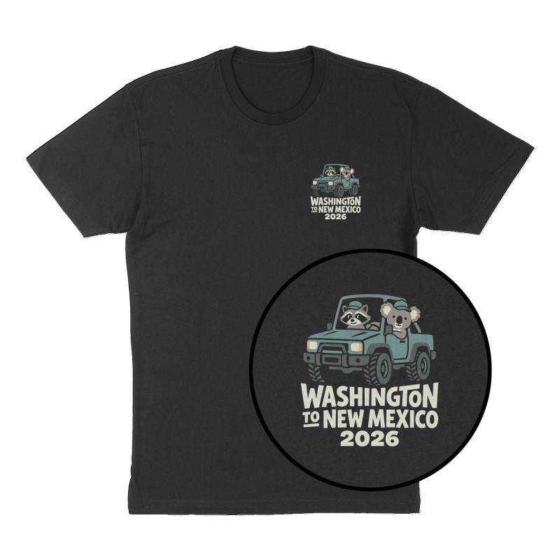 Custom t-shirt: "Washington to New Mexico 2026", Left Chest print, black shirt