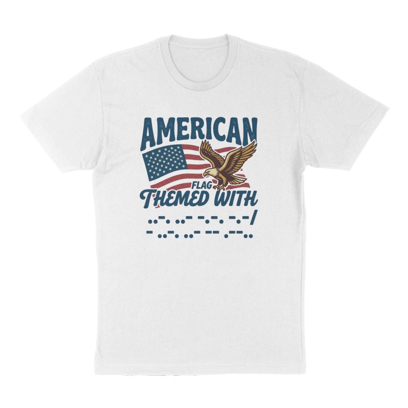 Custom t-shirt: "American flag themed with ..-. ..- -.-. -.- / - .-. ..- -- .--..  worked into the design", Front print, white shirt