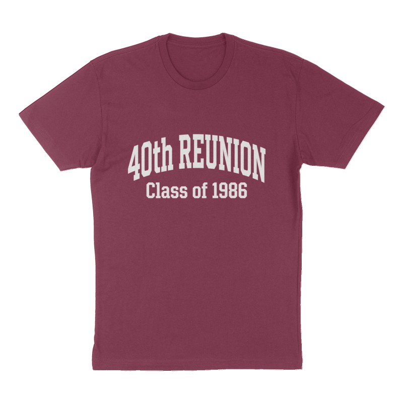 Custom t-shirt: "40th Reunion ", Front print, maroon shirt