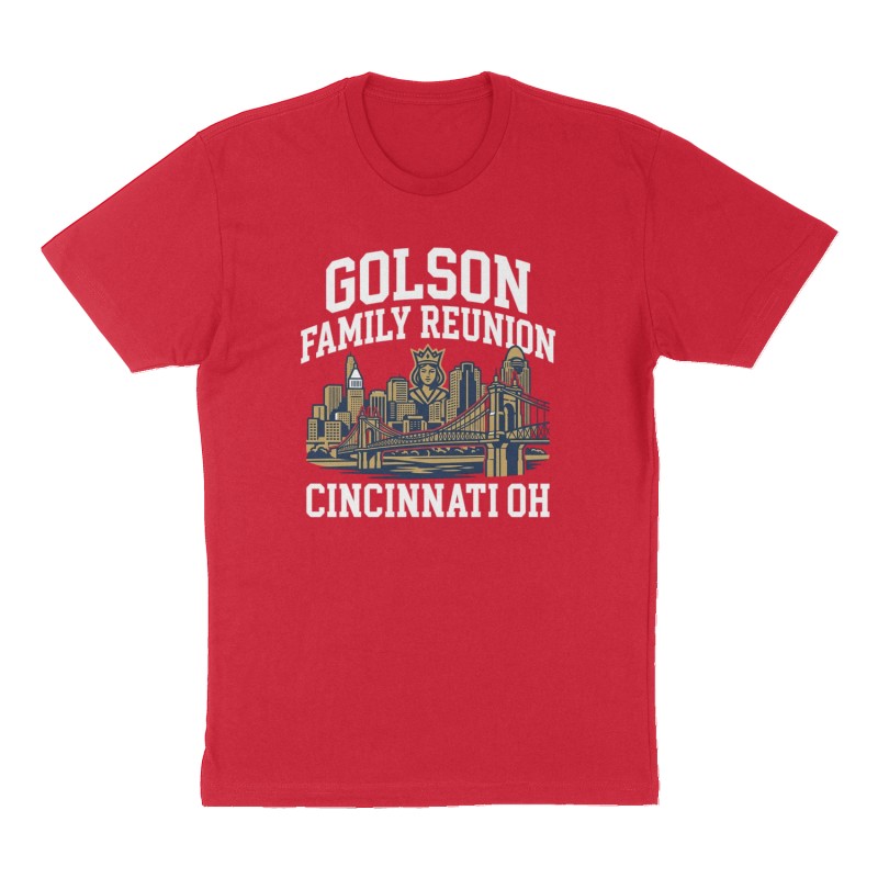 Custom t-shirt: "Golson Family Reunion Cincinnati OH", Front print, red shirt