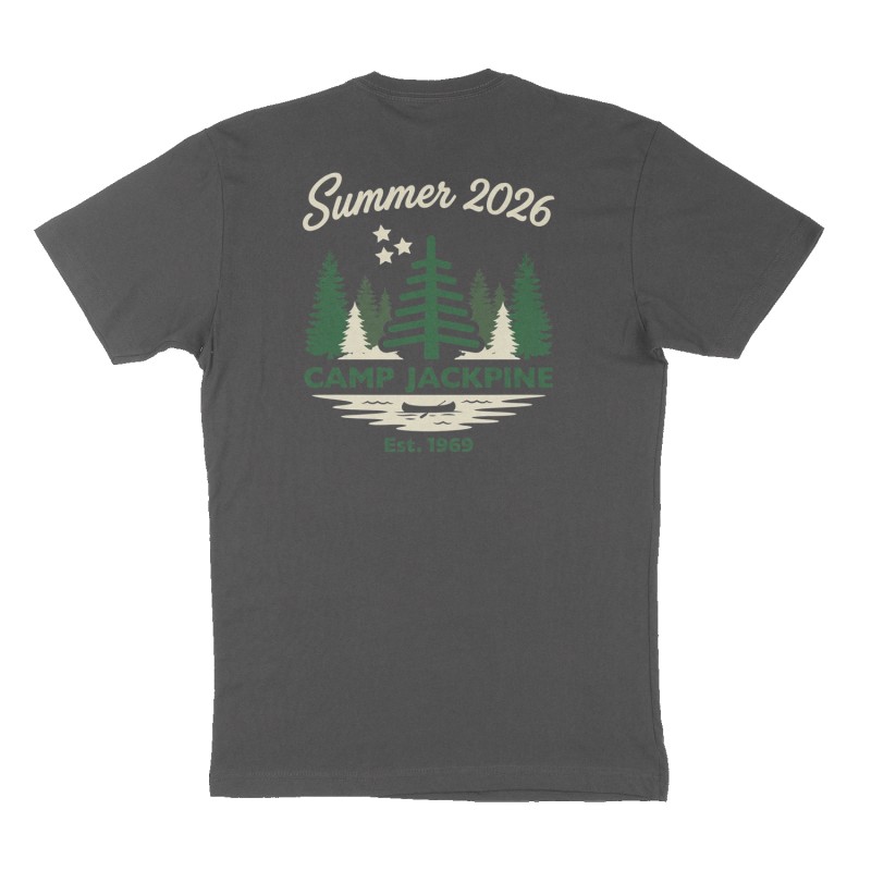 Custom t-shirt: "Camp Jackpine", Back print, charcoal shirt