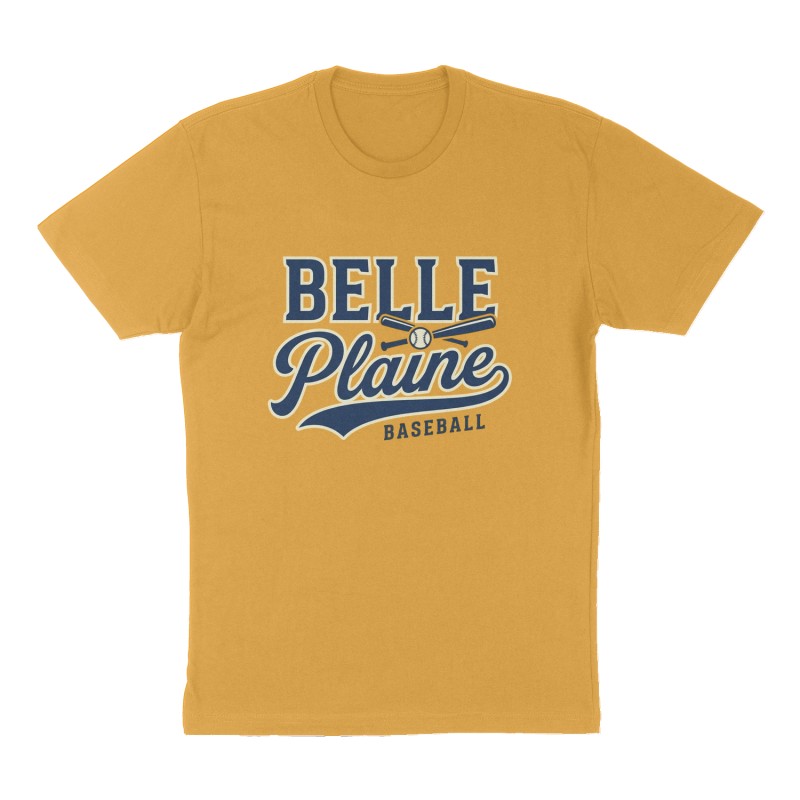 Custom t-shirt: "Belle Plaine", Front print, mustard-yellow shirt