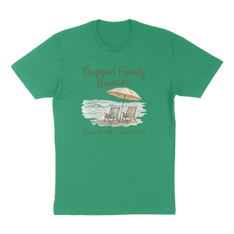 Custom t-shirt: "Duggan Family Reunion", Front print, green shirt