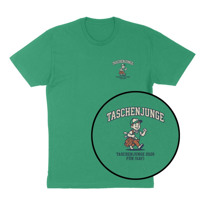 Custom t-shirt: "Taschenjunge", Left Chest print, green shirt