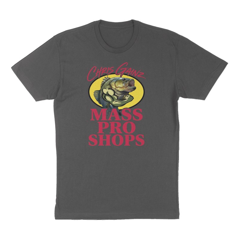 Custom t-shirt: "Mass pro shops", Front print, charcoal shirt