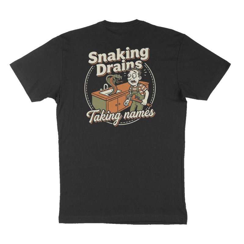 Custom t-shirt: "Snaking Drains", Back print, black shirt