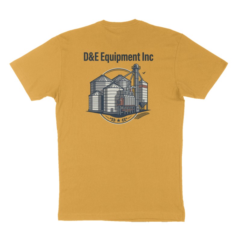 Custom t-shirt: "D&E Equipment Inc", Back print, mustard-yellow shirt