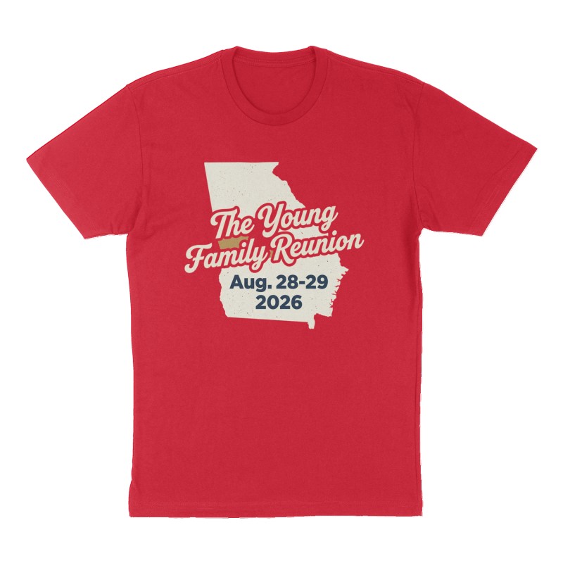 Custom t-shirt: "The Young Family Reunion Aug. 28-29 2026", Front print, red shirt