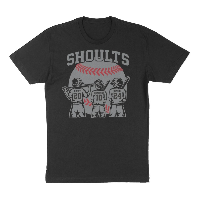 Custom t-shirt: "Shoults", Front print, black shirt