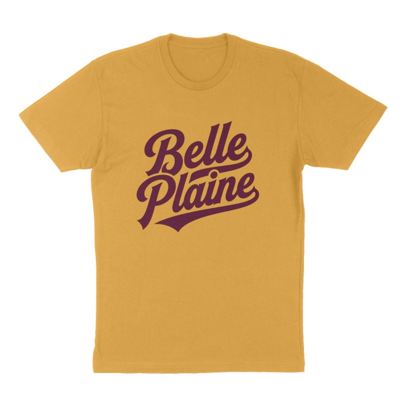 Custom t-shirt: "Belle Plaine", Front print, mustard-yellow shirt