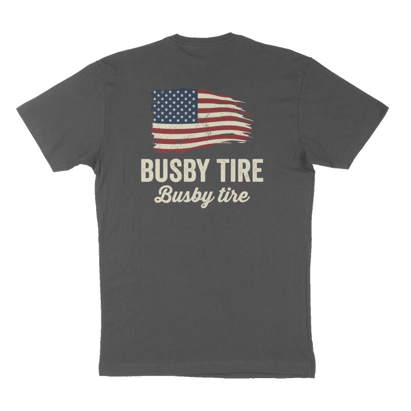 Custom t-shirt: "Busby tire ", Back print, charcoal shirt
