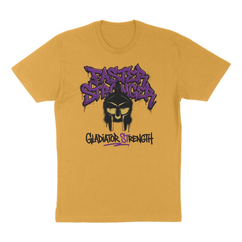 Custom t-shirt: "Faster Stronger", Front print, mustard-yellow shirt