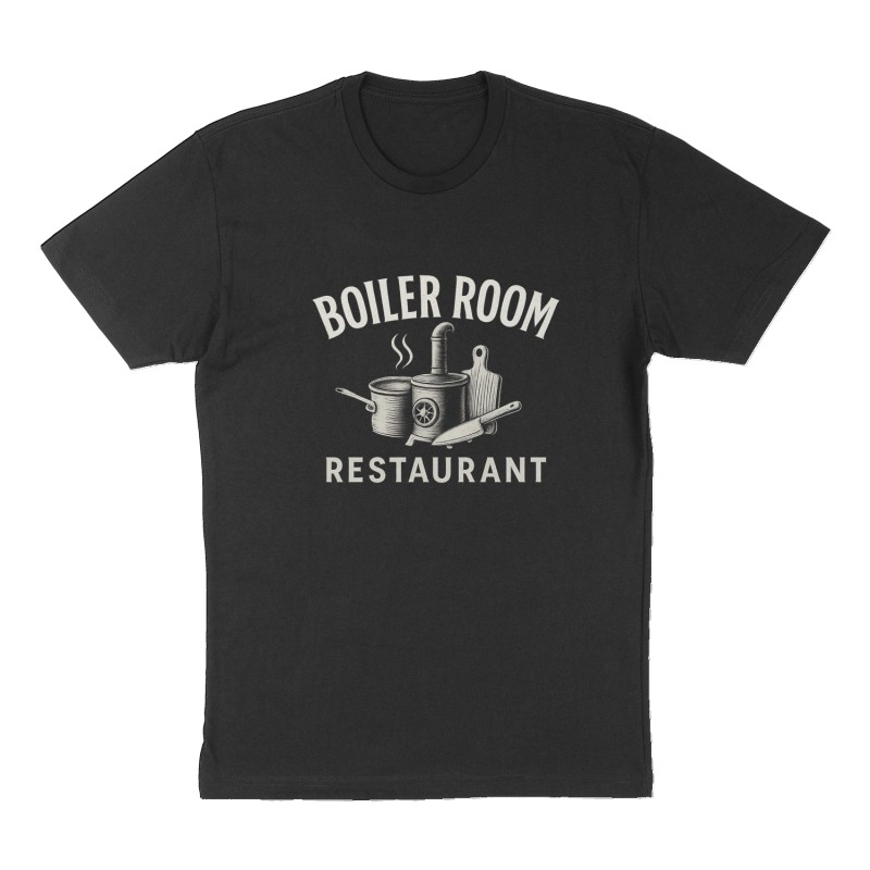 Custom t-shirt: "BOILER ROOM RESTAURANT ", Front print, black shirt